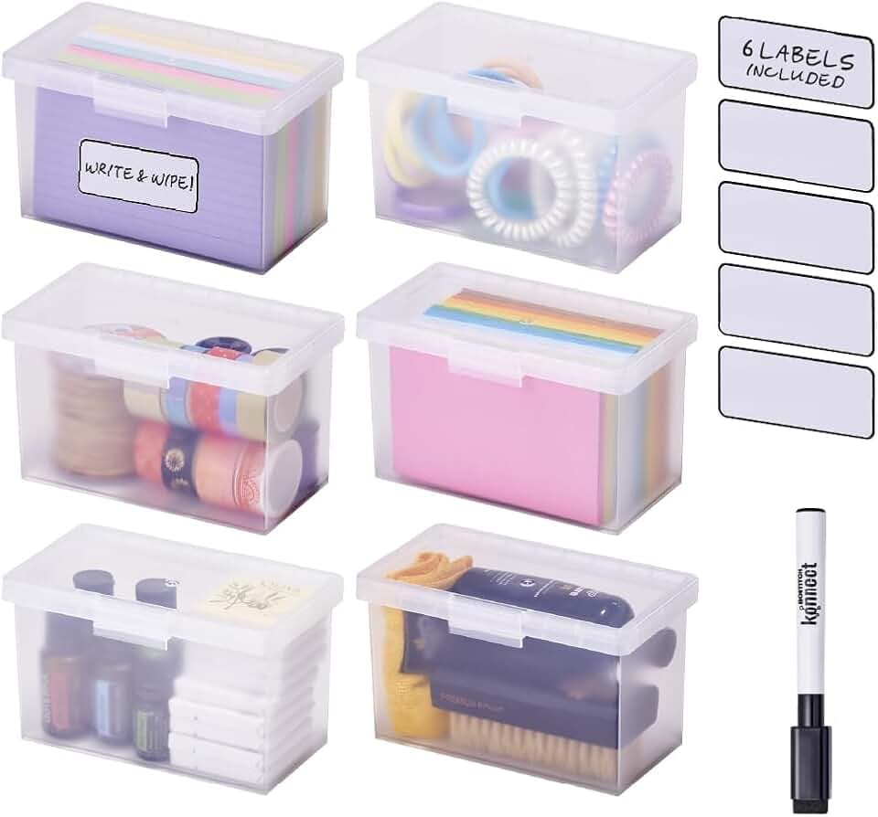 Bostitch Konnect Storage Containers with Lids, Office Organizer, Clear Plastic Box, Stackable for Index Cards, Labels, 1 Qt, 6 Pack