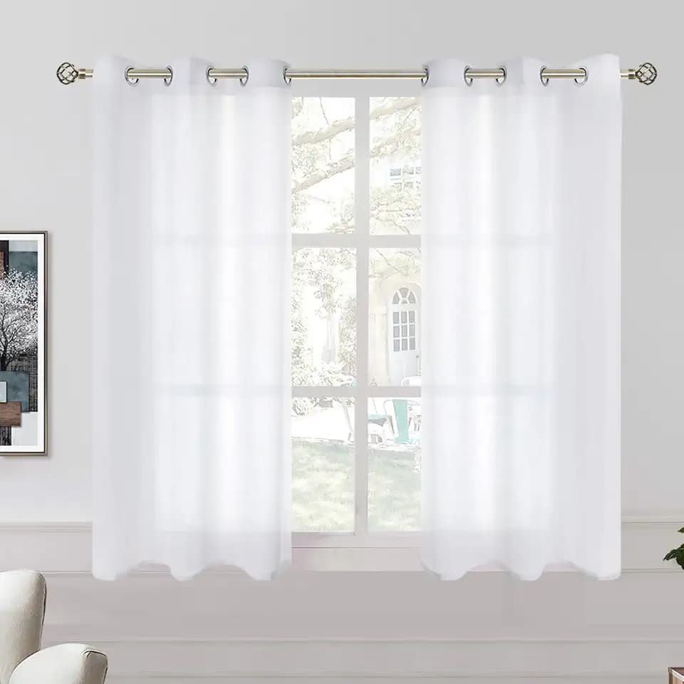 BGment White Short Linen Sheer Curtains 48 Inch Length for Small Windows