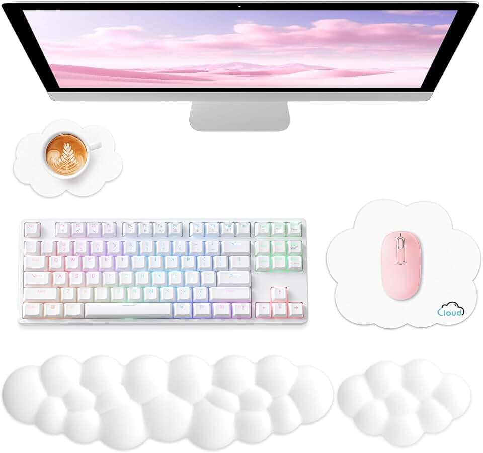 Sushret Memory‑Schaum Cloud Handballenauflage Tastatur‑Set, 4‑in‑1: Ergonomische Tastatur Handballenstütze & Mauspad, rutschfest, für Office, Gaming und Home‑Office, Weiß