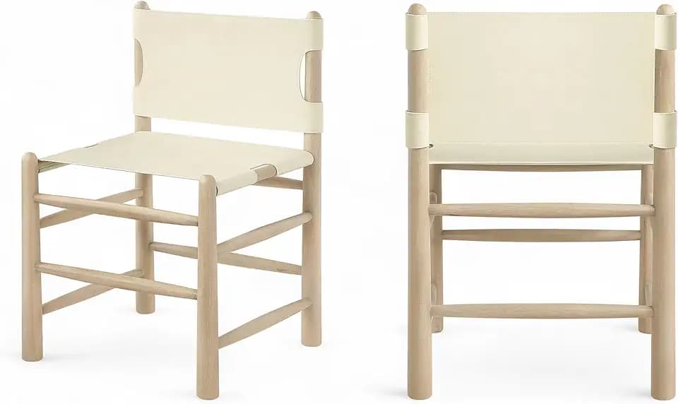 Meridian Furniture 77094Cream-C Santos Collection Art Deco Dining Chair with Vegan Leather, Rich Finish with Cerusing, Solid Wood, 23.25" W x 22" D x 34.75" H, Cream, Set of 2
