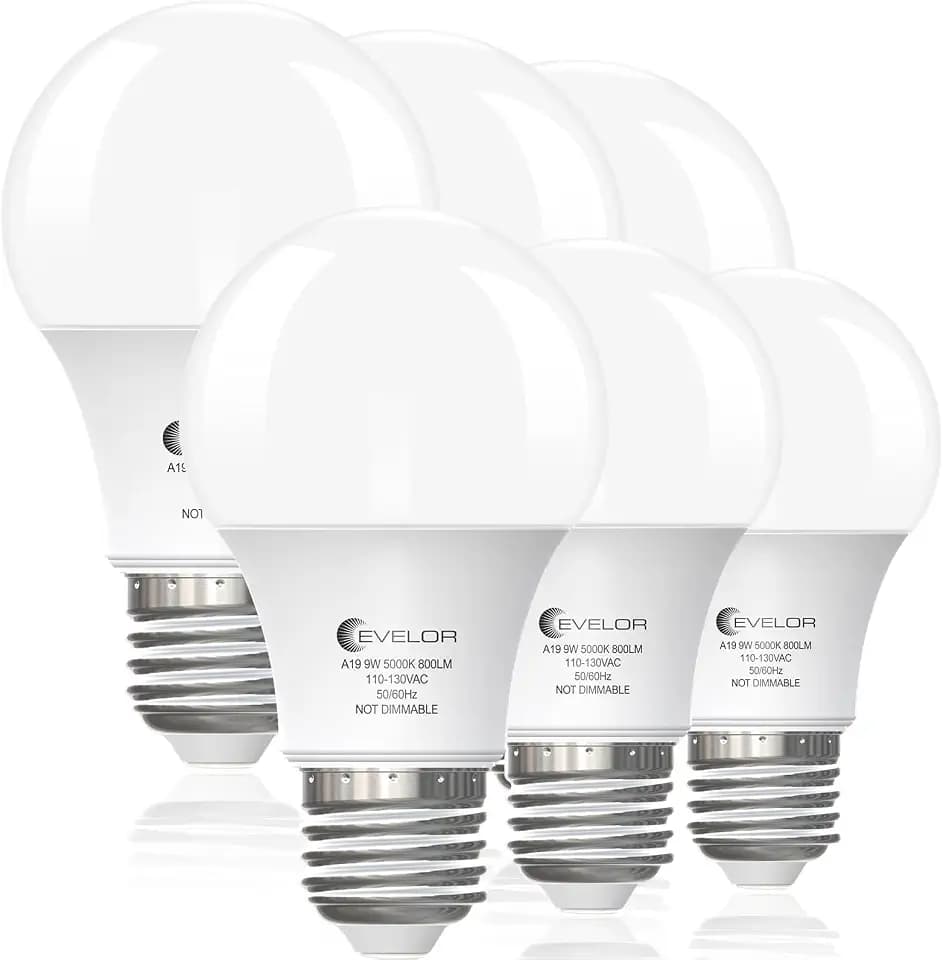 evelor 6-Pack A19 LED Light Bulbs,60 Watt Equivalent,Daylight 5000K