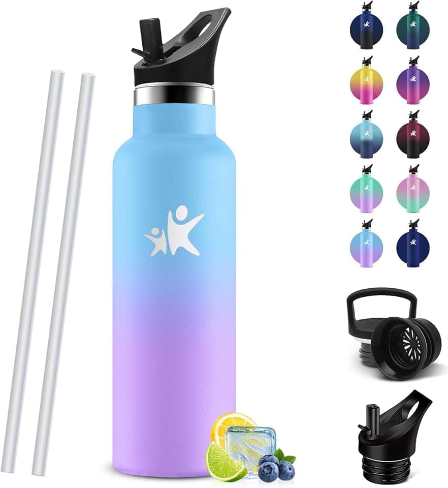 HoneyHolly Trinkflasche Edelstahl 500ML, BPA-Frei, Trinkflasche Kinder, Auslaufsichere Isolierflasche Doppelwandig, Wasserflasche, mit Strohhalm, 18/8 Edelstahl, Thermosflasche-Gelb & Rosenrot