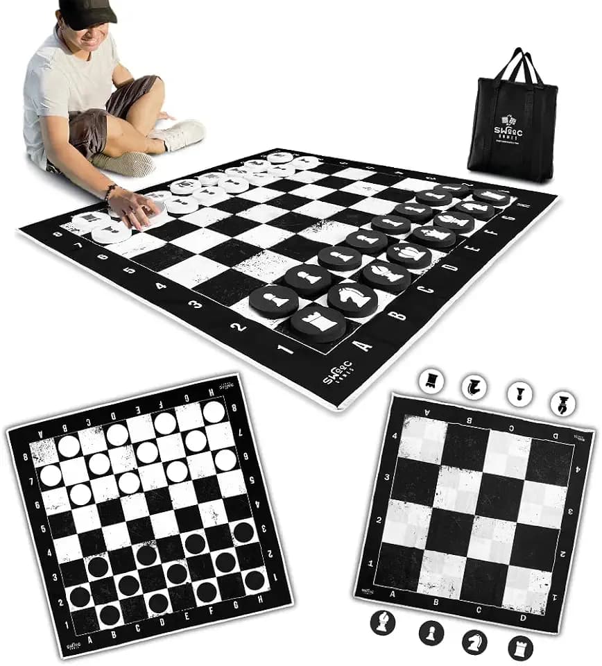 Swooc Games - 3-in-1 Giant Chess, Checkers, & Chess Tac Toe Game with Mat (4ft x 4ft) - Machine-Washable Canvas & 5" Big Foam Discs - Giant Chess Set Outdoor & Checkers Board Game for Adults & Kids