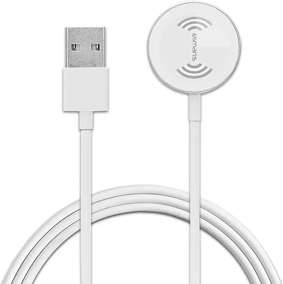 4smarts VoltBeam Mini Wireless Charger Ladepad 2,5W Kompatibel mit Apple Watch 6/5/4/3/2/1 / SE Magnetisches Kabelloses Ladegerät mit USB-A Kabel 1m - Weiß