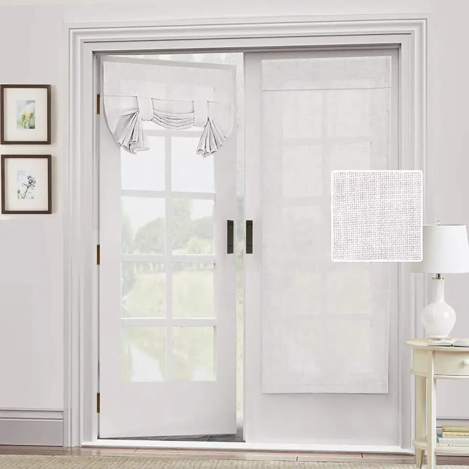 H.VERSAILTEX Natural Linen Semi Sheer French Door Curtains Light Filtering Privacy Boho Window Drapes 1 Panel Self Adhesive Door Blinds Tie Up Shade for Bedroom Living Room,68" Lx26 W,Off White