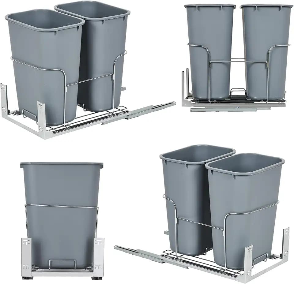 2 x 25 Quart Double Bin Pull-Out Trash Can for Under Kitchen Cabinet, Space-Saving Under Sink Garbage and Recycling System with Full-Extension Slides, Heavy-Duty Under-Mount Waste Container, Grey