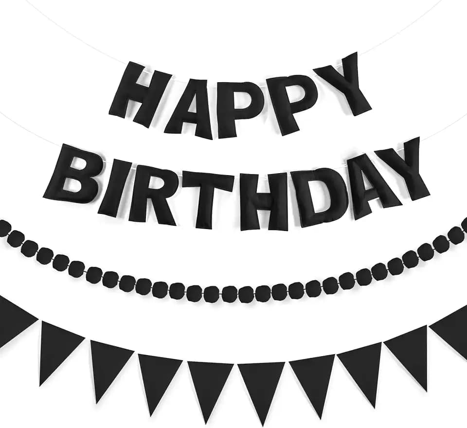 CANREVEL 3 PCS Pre-Strung 3D Happy Birthday Banner Decorations, Black