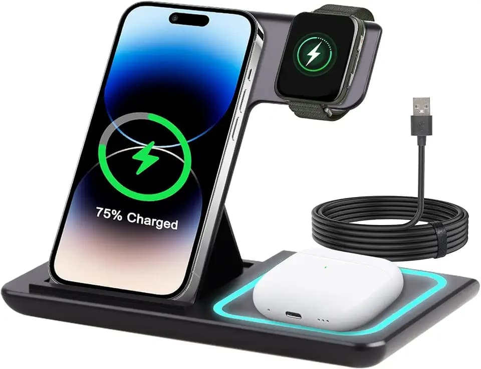 3‑in‑1 induktive Ladestation für Apple‑Geräte, kabelloses Ladegerät für iPhone 17/16/15/14/13/12 Serie,für Apple Watch und AirPods Pro/2/3/4 (Adapter enthalten, Schwarz), Qi‑Schnellladen