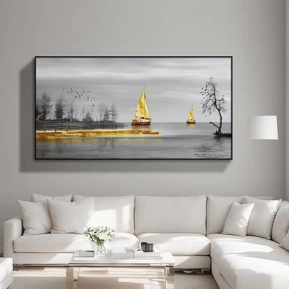 YOOSART Neutral Toned Nautical Sailboat 2D Canvas Wall Art - Sleek Aluminum Frame Coastal Gold Accent Decor for Living Room Bedroom(80cmx146cm/31.52" LX57.52 W)