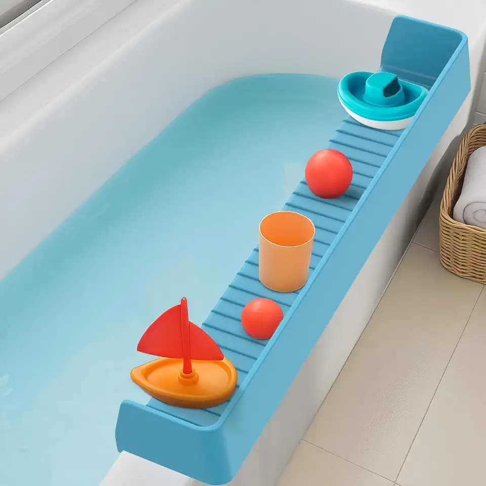Bathtub Splash Guard for Tub Kids, Longer Silicone Water Splash Guard for Bathtub, Toy Holder Play Shelf for Bathtime, Prevents Water Spills in Bathroom
