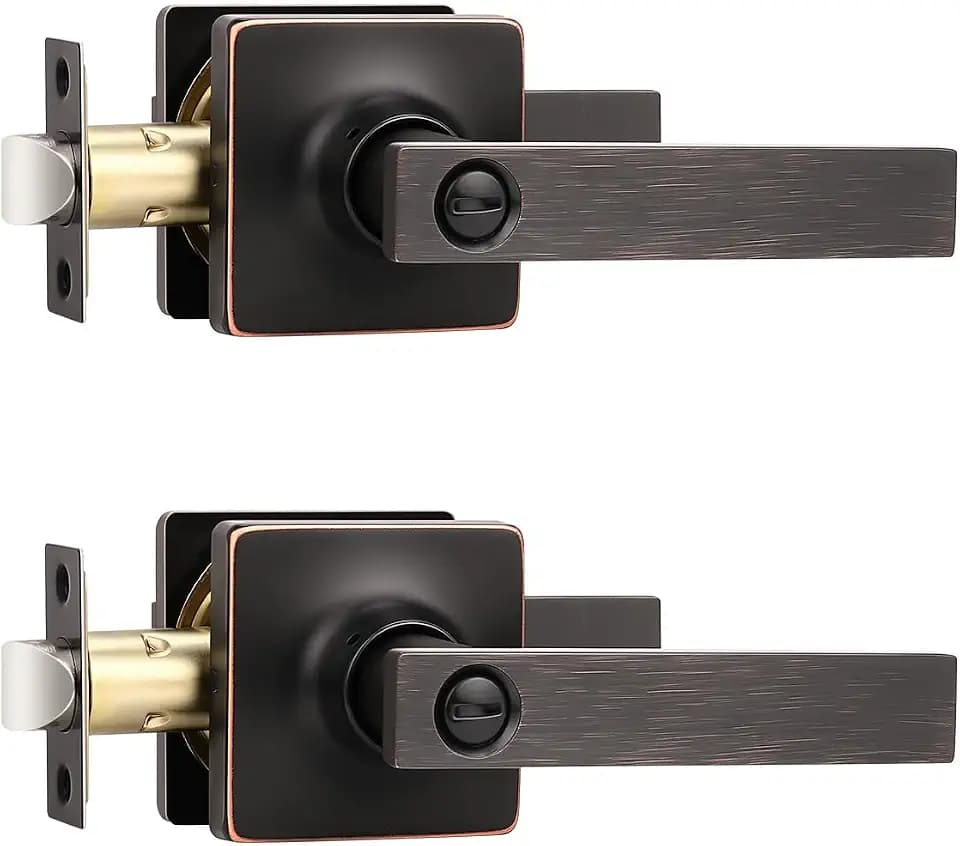 Mengico 2 Pack Oil Rubbed Bronze Privacy Lever Door Handle Interior with Lock, Heavy Duty Square Door Lock for Bed/Bath, Keyless Door Locksets, Reversible for Left Right Handed Doors