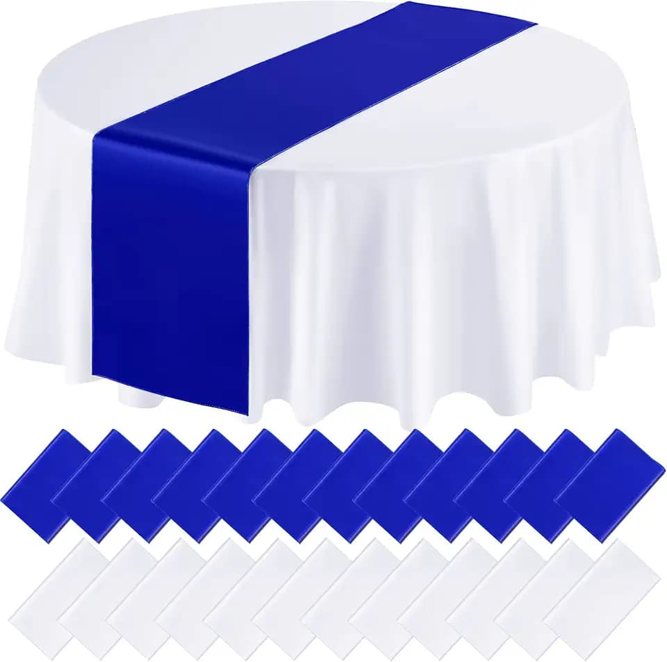 Queekay 24 Pcs 84'' Round Plastic Tablecloth 12 x 108'' Satin Table Runners Set White Plastic Table Covers Round Waterproof Cloths for Wedding Party Decor Baby Shower Birthday(Royal Blue)