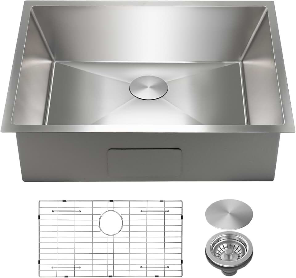 SANYCASA 28 x 19 Inch Undermount Kitchen Sink with Quiet Drain, Bottom Grid - 11 Gauge Stainless Steel Single Bowl