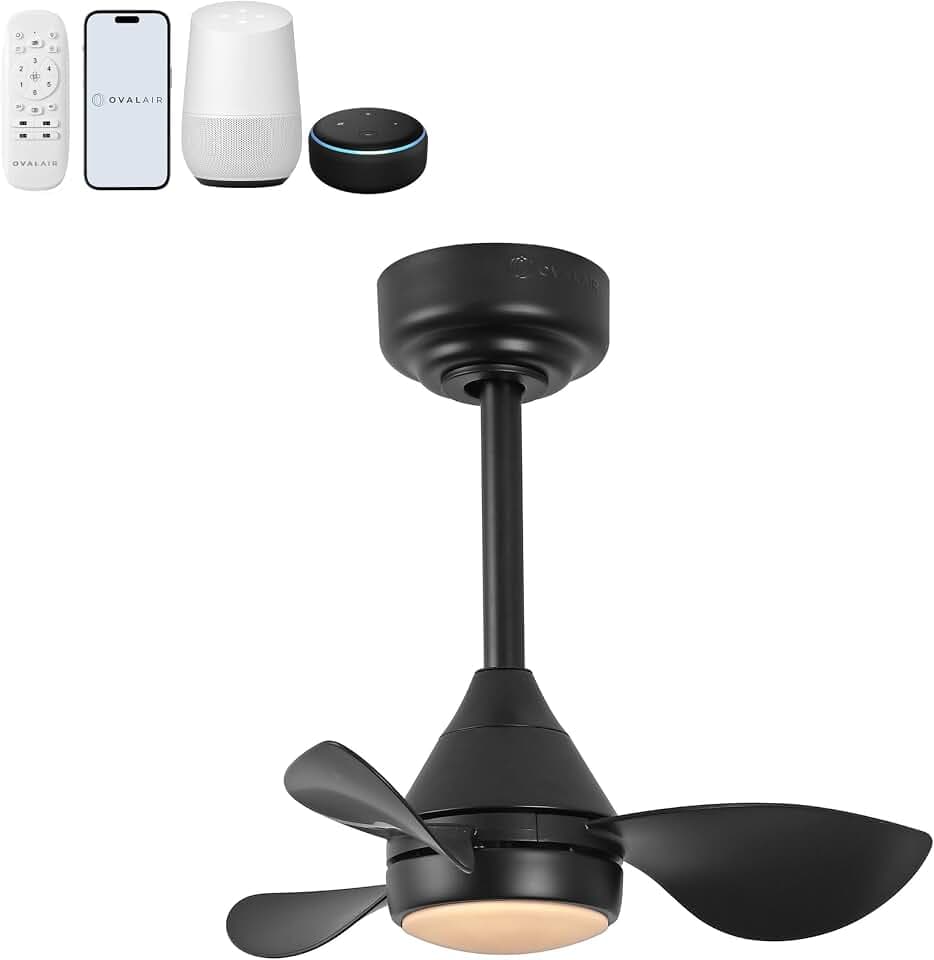 OVAL AIR AIR8000A Albini 22" Contemporary Minimalist 6-Speed Metal Mobile-App/Remote-Controlled Dimmable Smart Integrated LED Ceiling Fan for Living Room, Bedroom, Office, Deco Jet Black