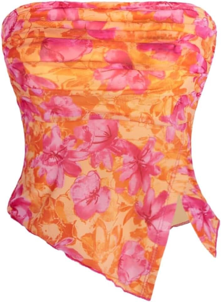 Milumia Women Floral Summer Mesh Ruched Tube Top Y2k Going Out Crop Tops
