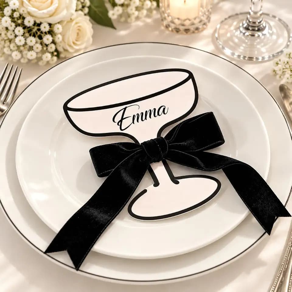 FYSUIMU 50Pcs Wine Glass Place Cards Black Velvet Bow Flat Name Cards Beige Black Seating Card for Wedding Bridal Shower Birthday Table Setting Supplies, 3.5 x 4.4 Inch