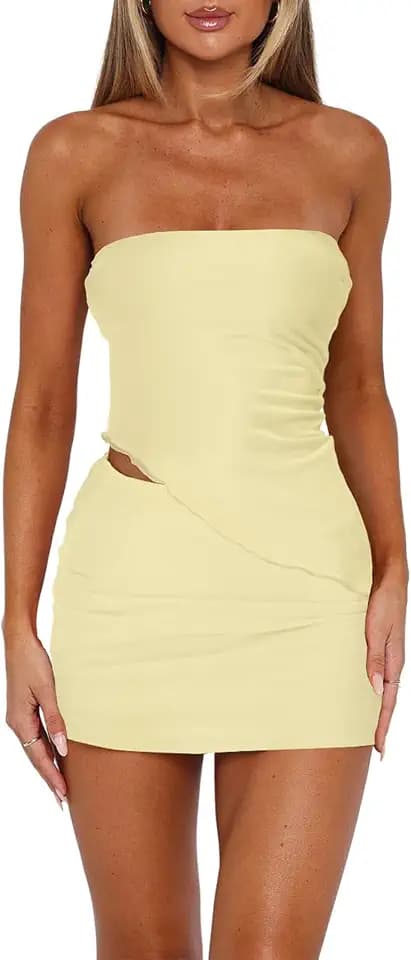 Goafuliy Two Piece Skirt Set for Women Summer Asymmetrical Mesh Strapless Tube Tops Mini Skirt Set Going Out Outfits