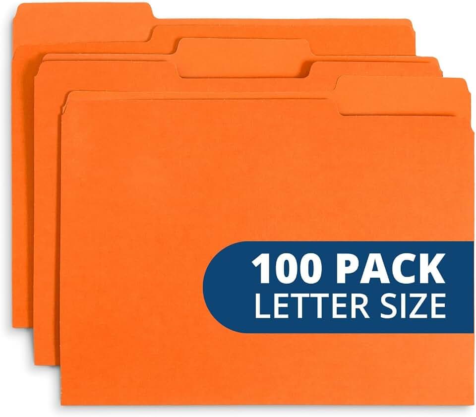 Blue Summit Supplies 100 File Folders, Letter Size, 1/3 Cut Tab, Orange