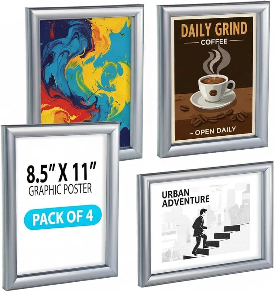 Azar Displays 300336-SLV-4PK Wall Mount Plastic Snap Poster Frame 8.5" x 11" Portrait/Landscape Sign Holder Frame, 4-Pack