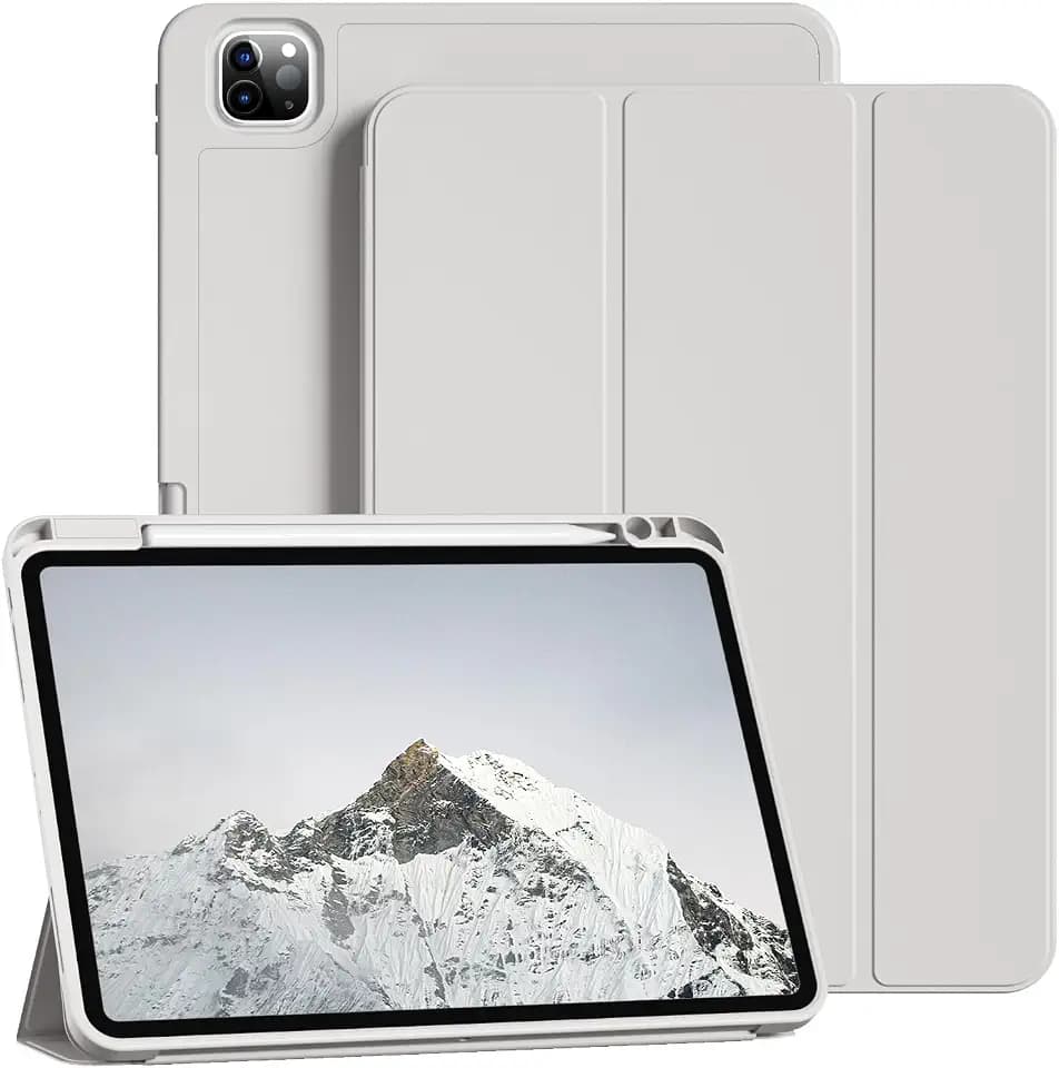 Hülle für iPad Pro 11 Zoll 2022/2021/2020 (iPad Pro 11 4. / 3. / 2. Generation) mit Stifthalter, Trifold Ständerhülle, Weiche TPU Stoßfest Rückseite, Auto Schlafen/Wachen, Grau