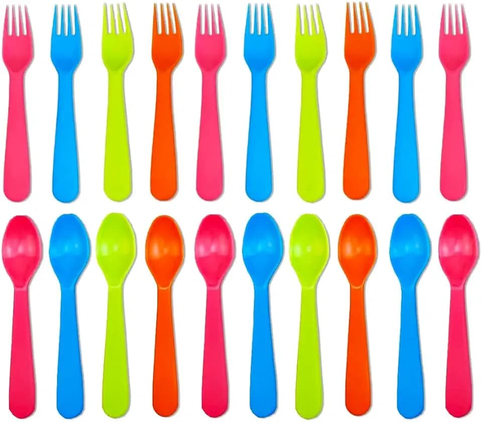 Jawbush 20 Pcs Kids Plastic Utensils Kids Forks and Spoons Set, Reusdable Toddler Silverware Cutlery Set with Bright Colors Ideal for School Lunch Box or Travel, Size also for Adults, BPA Free