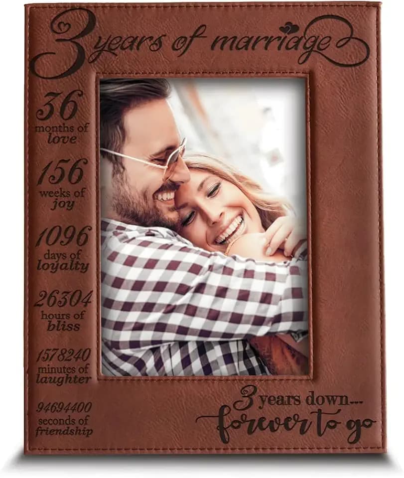 BELLA BUSTA- 3 Years of Marriage-3 years Down Forever to go-Engraved Leather Picture Frame (5 x 7 Vertical (Rawhide))