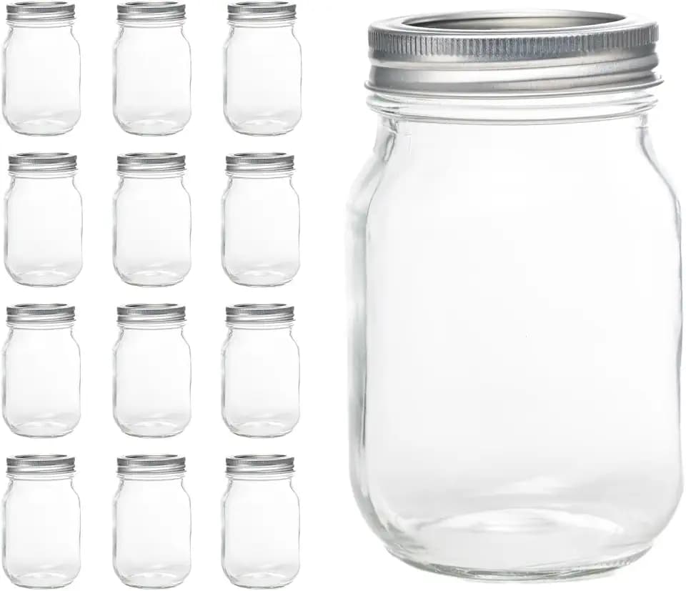 12 Pcs Mason Jars 16oz Regular Mouth, Glass Jars with Silver Metal Lids and Rings, Canning Jars for Overnight Oats, Food Storage, Dry Food, Snacks, Candies and More