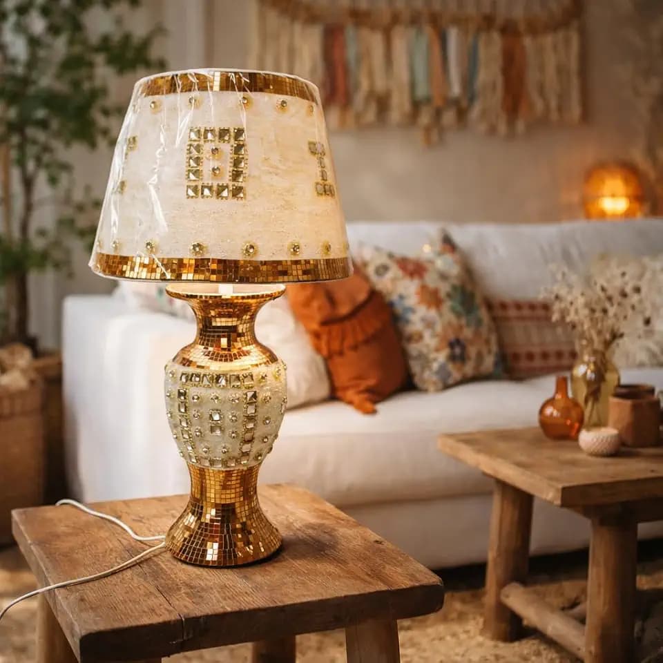 ICE ARMOR 20.5" H White Glossy Vase with Golden Panel and Beaded Crystal Shade Table Lamp Modern LED Floor Lamp Decorative Lighting for Home & Office