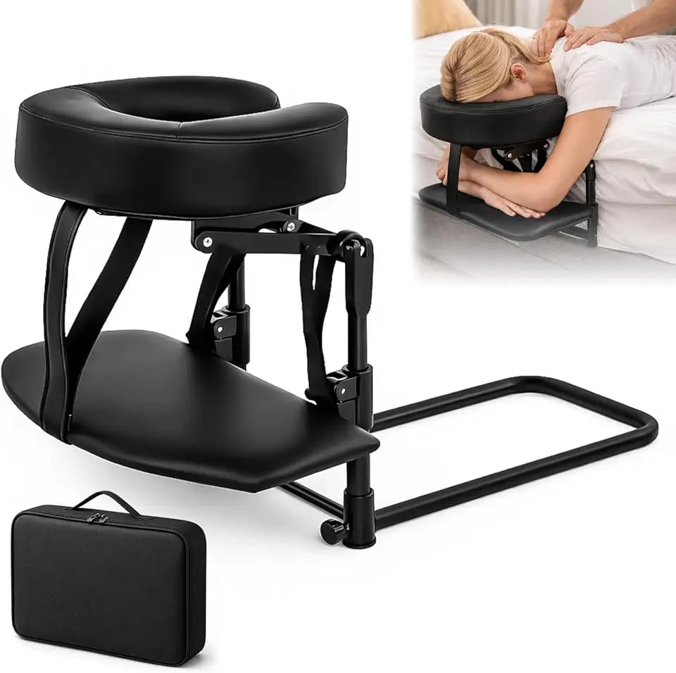 Massage Kopfstütze für Bett höhenverstellbar 14-45 cm, mit Arm- & Bruststütze, ergonomische Gesichtsauflage mit Gesichtsschlitz für Massageliege, Massagetisch & Kosmetikliege (Schwarz)