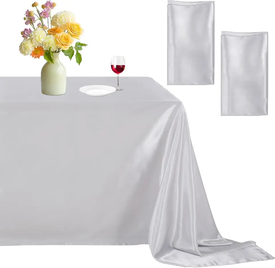 Silver Satin Tablecloth 90x132 Inch 2 Pack Romantic Silk Smooth Table Cloth