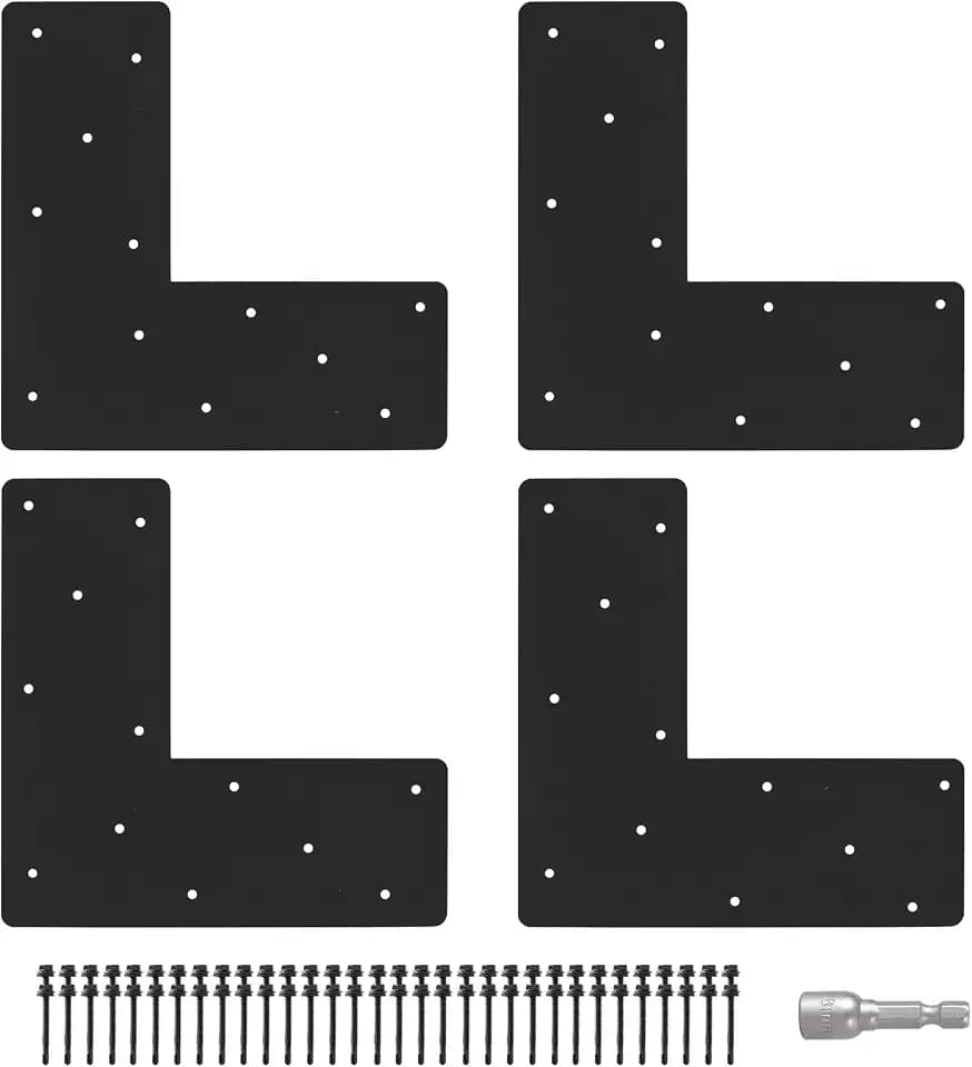 4 Pcs 13.2"x 5"L Shape Flat Bracket, Mending Plate with Black Powder-Coated Right Angle Brackets, Corner Bracket, L Shape Plate Fit 6x6,8x8 for Repair House,Furniture,Pavilion,Truss framing