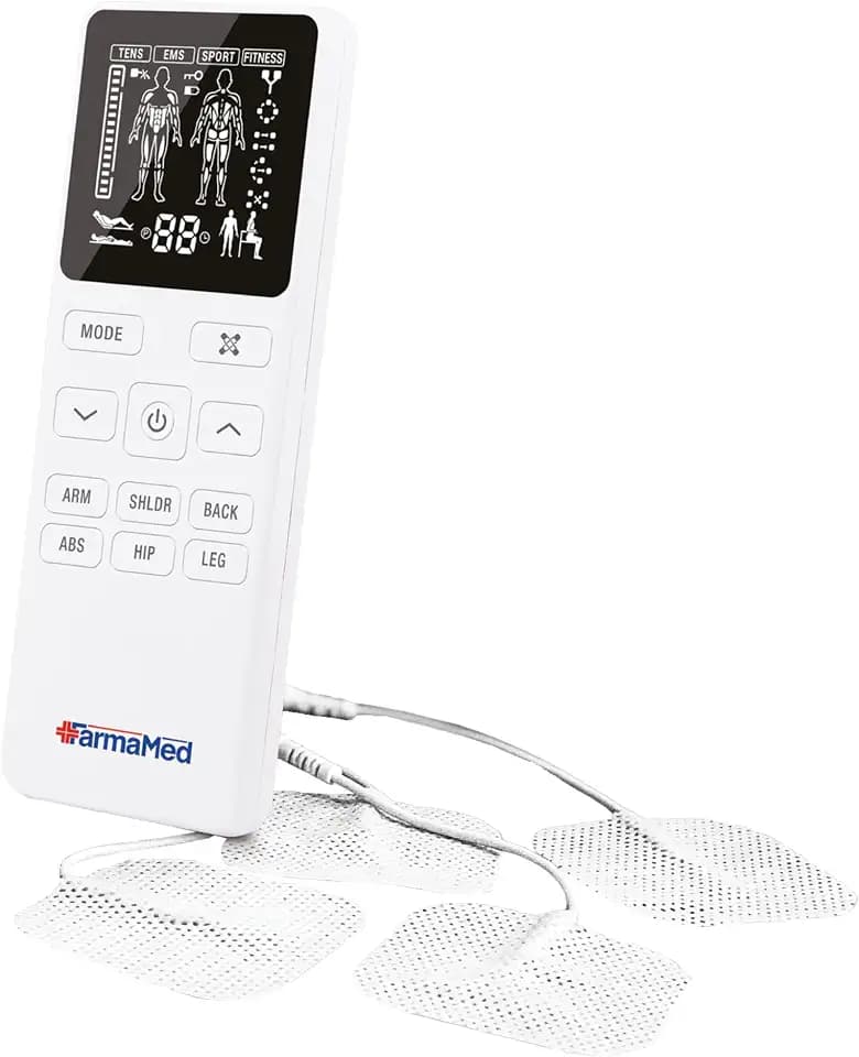 FarmaMed Digitaler Muskelstimulator TENS EMS Sport Fitness, LCD-Bildschirm, Zwei Ausgangskanäle und 4 Elektroden