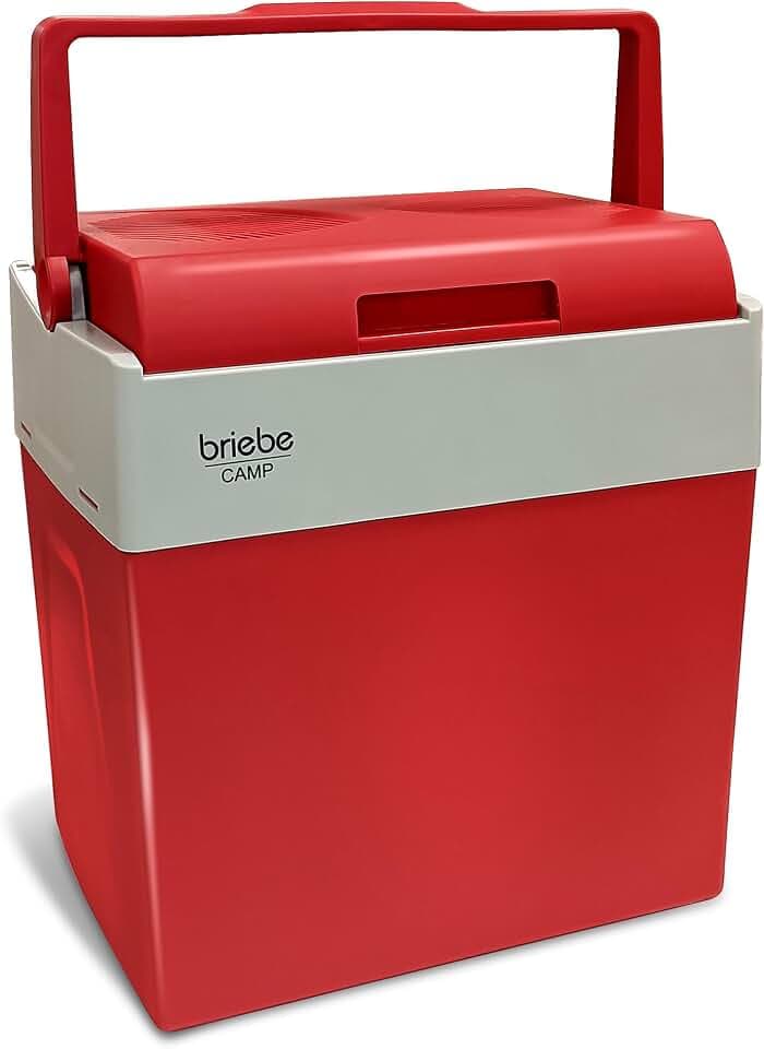 briebe Tragbare Elektrische Kühlbox für Reise Auto, Camping, 12 V/220 V, Fassungsvermögen 28 Liter, Kühlung, Warmhaltefunktion, Geringer Stromverbrauch, Rot