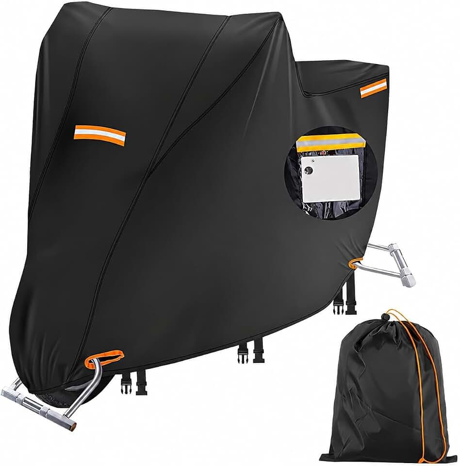 Motorradabdeckung Outdoor Wasserdicht,420D Oxford-Stoff Universeller Schutz,mit Nummernschildfenster,4 reflektierende Streifen (L 220 x 95 x 110 cm)