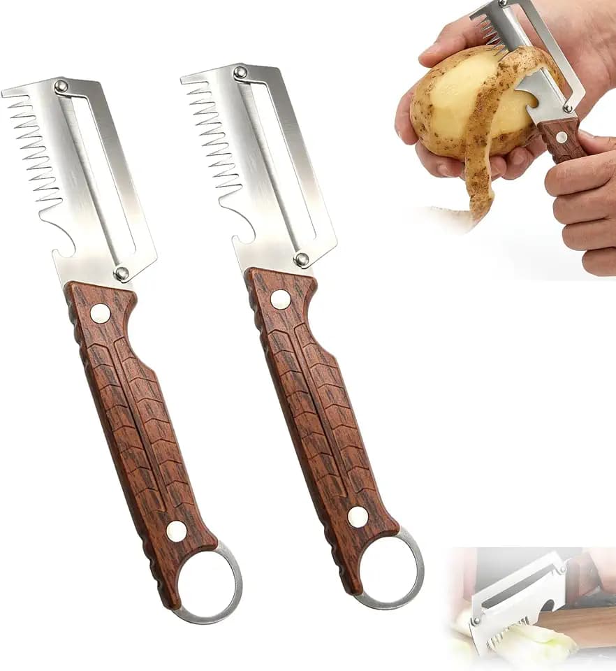 2-Pack Multi-Functional Vegetable Peeler, 3 in 1 Multi Functional Wooden Handle Peeler and Bottle Opener, Kitchen Gadgets Tool for Fruit Pumpkin Peeling Potato Carrot Veggie Peeler
