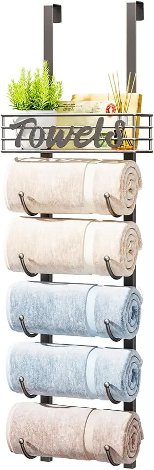 HapiRm Towel Racks for Bathroom Storage - 6 Tier Over The Door & Wall Mount Rolled Towel Storage Organizer Holder with Metal Shelf Basket for Small Bathroom, Camper, Rv - Patented