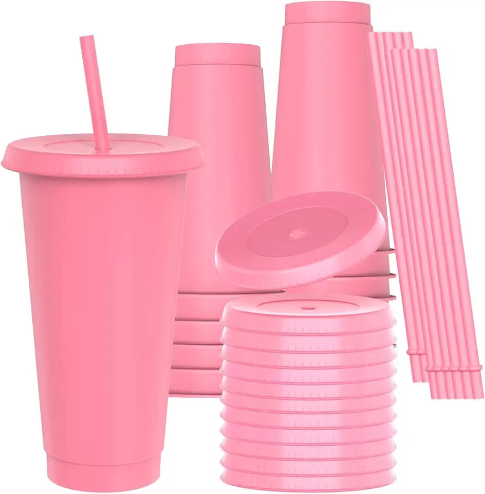 24 oz Plastic Cups With Lids and Straws, Sturdy & Food-Safe Iced Coffee Cups With Lid, Plastic Tumbler Reusable, Drinking Cups for Gender Reveal Party - Pink(12 Sets)