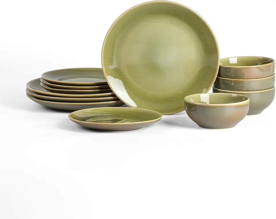 Stone Lain Riley 12-Piece Dinnerware Set Stoneware, Plates and Bowls Set, Dishwasher and Microwave Safe, Dish Set for 4, Green and Blue