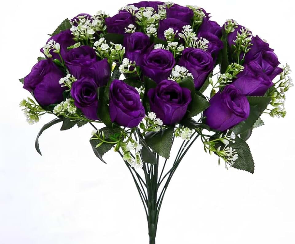 41cm Artificial Silk Red Rose Bush with Gyp & Foliage 24 Flower Heads- Wedding Grave Home Decoration (Purple, 2 Bunches)