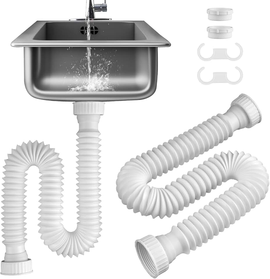 2-Pack Sink Drain Pipe, Flexible P-Trap Pipe for Kitchen & Bathroom, White
