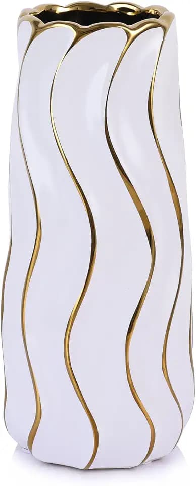 7.5" White Ceramic Vase - Minimalist Decor White and Gold Flower Vase, Modern Pampas Grass Vase, Boho Decorative Centerpiece Vase for Home Decor, Table, Shelf, Mantel, and Entryway