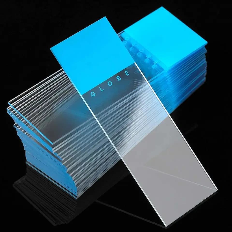 Globe Scientific Diamond White Glass Microscope Slides, 1380-50B, Blue Frosted, Ground Edges, 90° Corners, 25mm x 75mm, Pre-Cleaned, 72/Box, 1440/CS