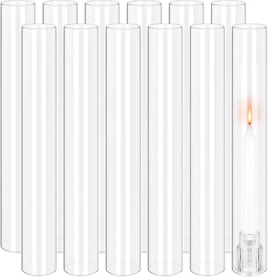 12 PCS Hurricane Candle Holder, 2" W x 16" H Open Ended Glass Candle Cylinder Sleeve, Clear Glass Cylinder Candle Holder, Open Flame Candle Chimney Tube Cover, Bottomless Cylindrical Glass