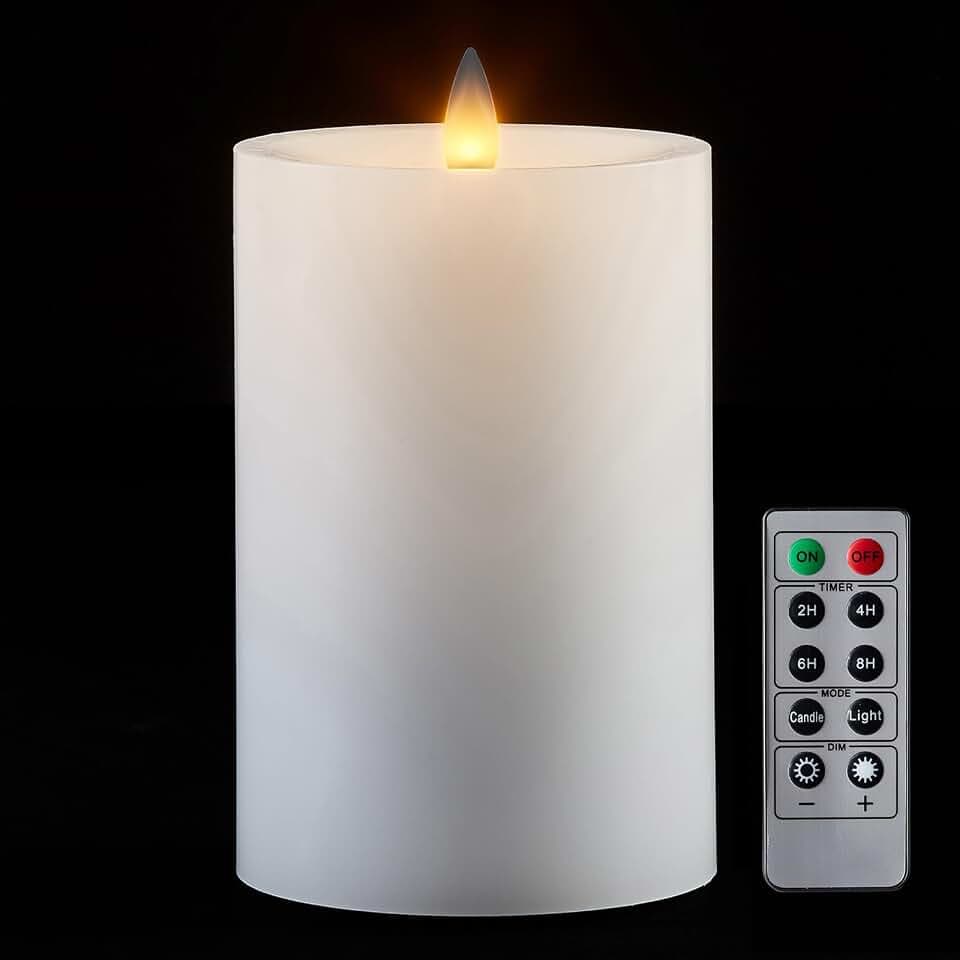 Flameless Pillar Candles Flickering with Remote Timer, Battery Operated LED Candles Up to 400 Hours, 3D Moving Flame Real Wax Candles, D4 x H6, Remote Included (White, 4inx6in)