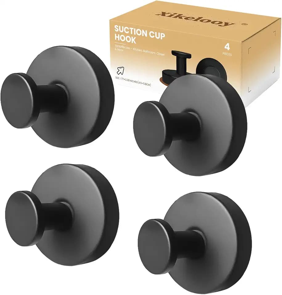 4Pcs Suction Cup Hooks, Suction Cup Hooks for Shower,Removable Towel Hooks for Bathroom Window Glass Door Wall, Bath Robe Looafh Wreath Hook for Hanging (Black)