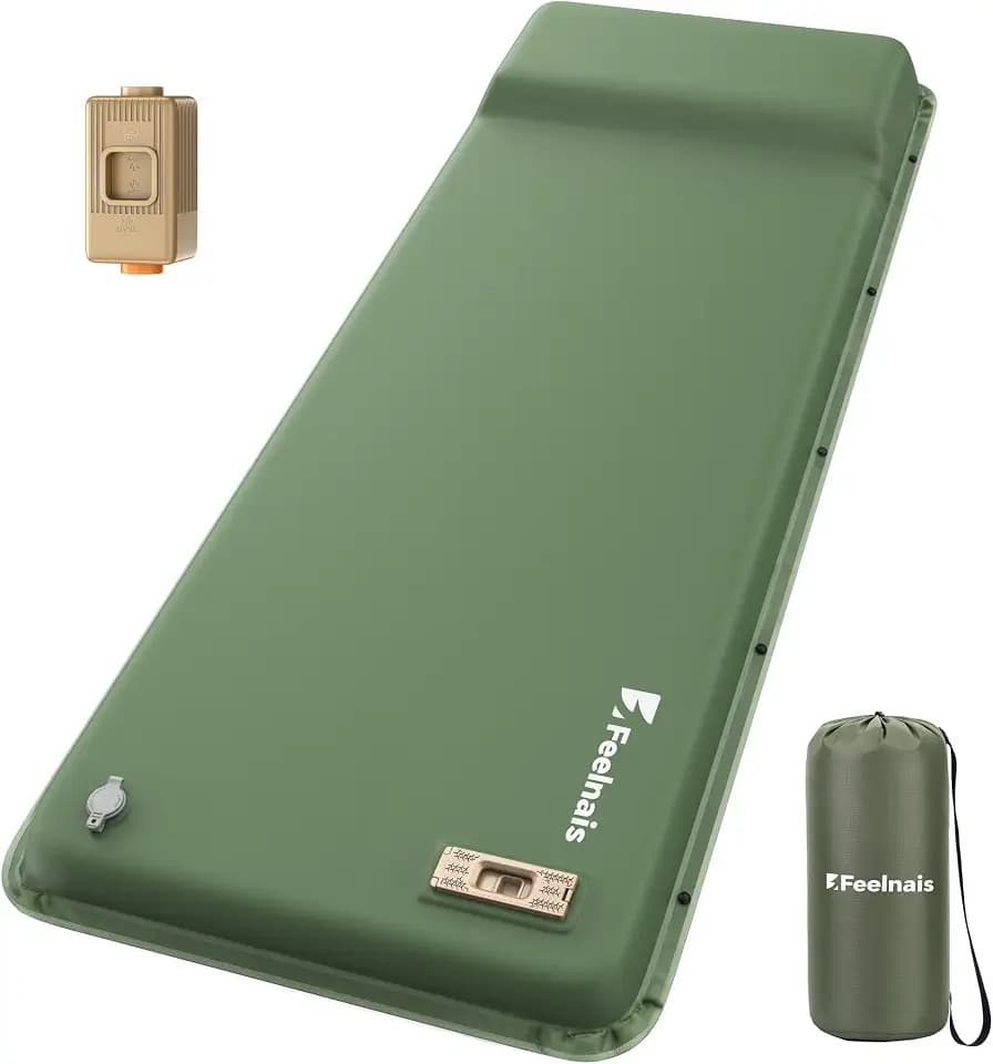 Self Inflating Sleeping Pad with Electric Pump, Memory Foam Camping Pad with Built-in Pillow, 4 Season Camping Mattress Pad, Camping Essentials Gear for Tent, Car, Hiking (Green)