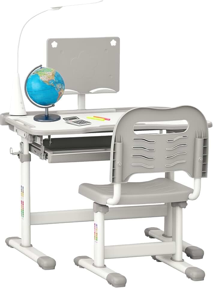 HOMCOM Kinderschreibtischstuhlset höhenverst. Lerntisch USB Lampe Grau
