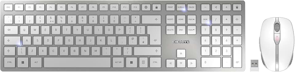 CHERRY DW 9100 Slim, Kabelloses Tastatur- und Maus-Set, UK-Layout (QWERTY), Bluetooth & 2,4 GHz Funk, Leise Tasten, Flaches Design, Wiederaufladbar, Weiß-Silber