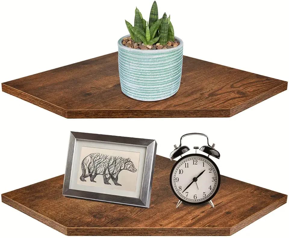 Homode Corner Shelf Wall Mount, Set of 2 Floating Corner Shelf Organizer for TV Accessories, Speaker, Cable Box, Game Console, Storage for Bathroom Kitchen Living Room Bedroom, Rustic Brown
