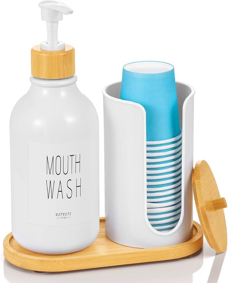 VITVITI Mouthwash Dispenser for Bathroom, White Bottle Container Cup Holder